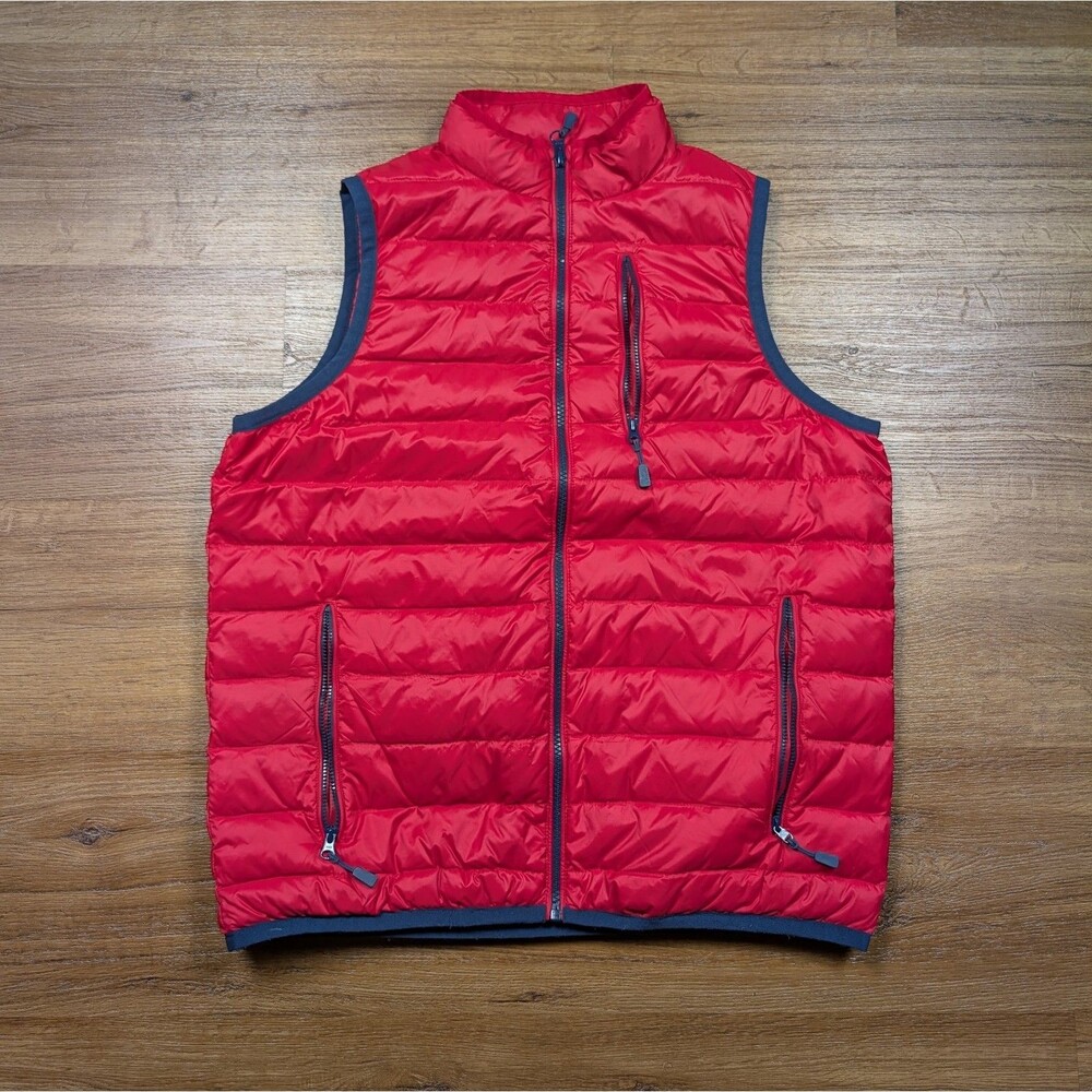 Peter Manning Down Vest Size 2 Small Red Navy Blue Trim Casual Outdoors